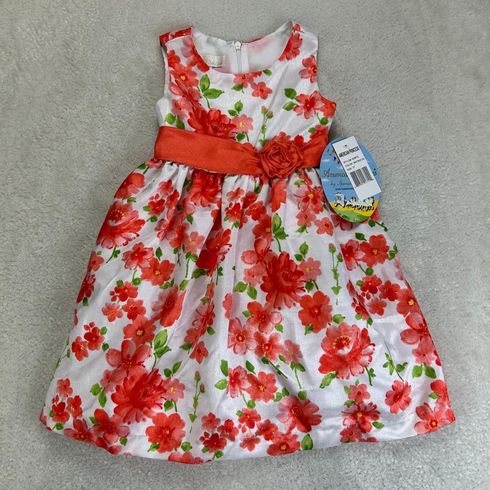 NWT American Princess Special Occasion Dress Girls 3T White Red Floral Waist Tie